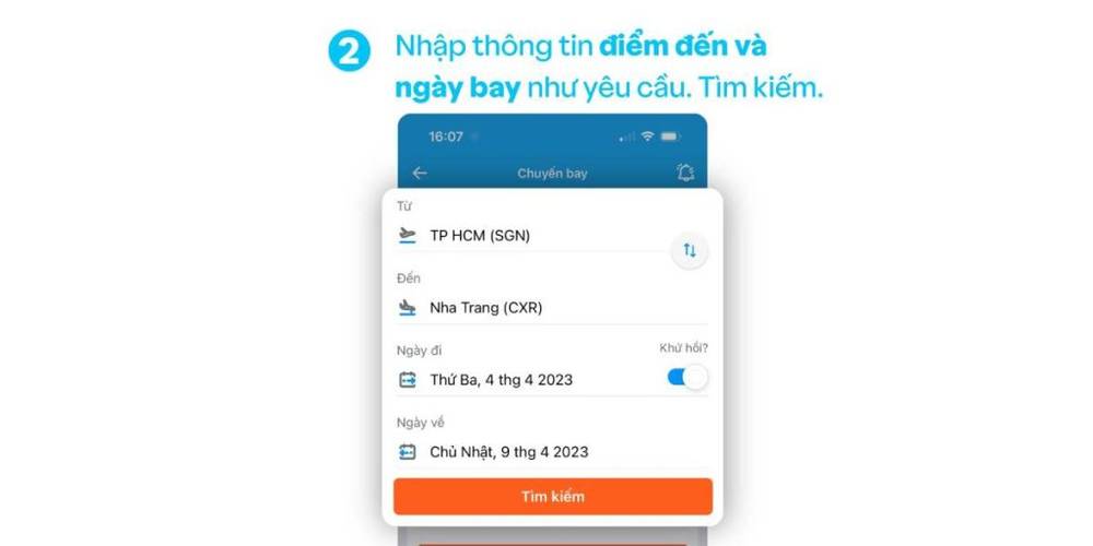 Nhập điểm đến và điểm xuất phát của bạn
